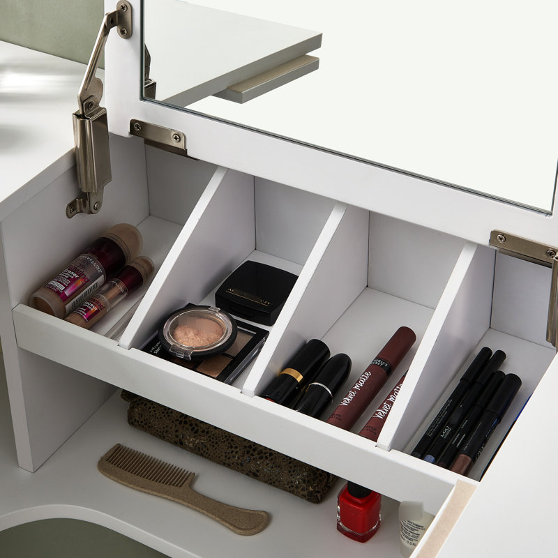 Rebord mural transitionnel blanc avec miroir - Gain de place pour vos accessoires de coiffure et outils de coiffage