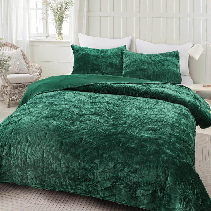 King Forest Green Velvet Diamond Quilt Set