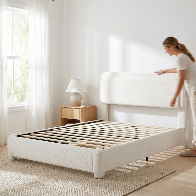 Grand lit plateforme tapissier avec tête de lit courbée réglable en hauteur et structure de lit à profil bas en tissu doux Boucle