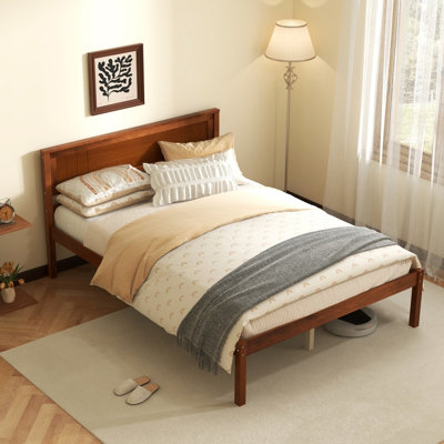 Cadre de lit en bois pour lit simple, double ou queen, avec tête de lit et sommier à lattes, et espace de rangement de 30 cm sous le lit.