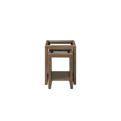 Space Glass Top Tables With Nesting Function, Rustic Weathered Wood Appearance, Tempered For Durability, Lower Shelf Small Item Storage, Great As Side Or Accent Tables, 16X16x20.5 Inches, 55.5 Lbs ,