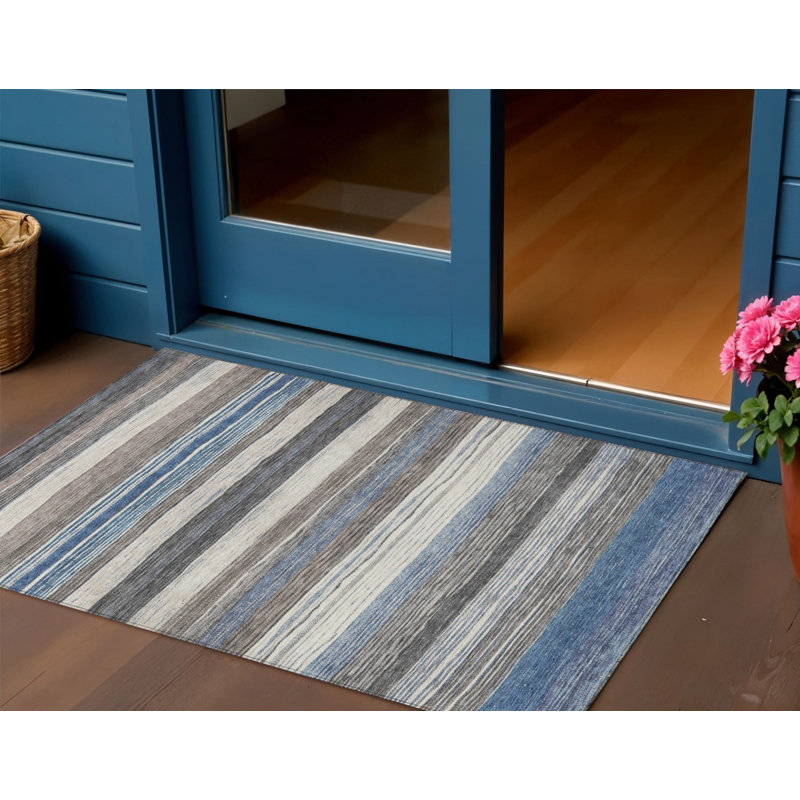 3' X 5' Denim Blue Beige And Taupe Striped Washable Indoor Outdoor Area Rug