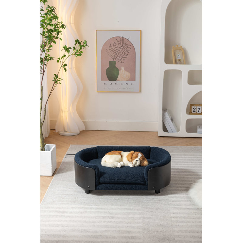 Canapé en velours pour chien avec pieds en bois massif et dossier en bois courbé, H 9,85 po x l 30,7 po x P 20,08 po
