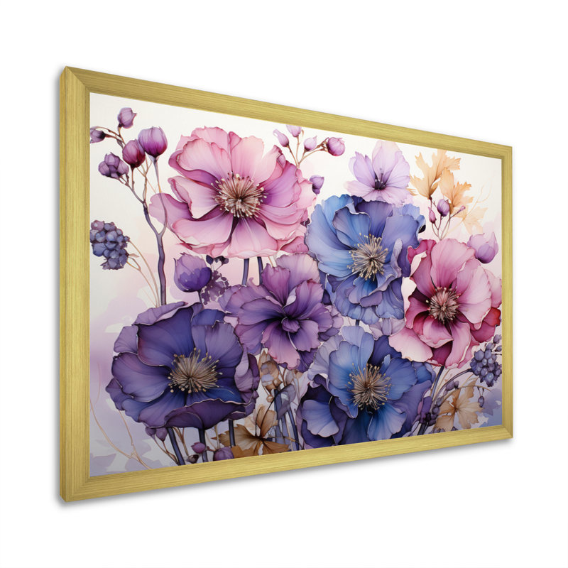Mauve et fleurs mystiques IV - art botanique abstrait, H 24 po x l 32 po x P 1 po, Cadre doré simple