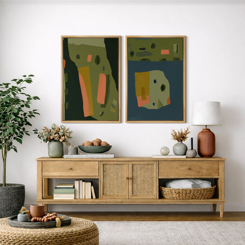 "Modern", abstrait, orange et vert, ensemble géométrique, images de salon, impression sur toile encadrée, 2 pièces