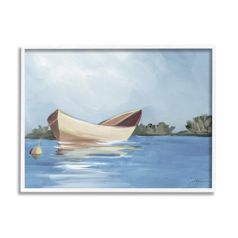 Bateau flottant sur un lac sur bois par Liz Jardine, peinture, H 24 po x l 30 po x P 1,5 po