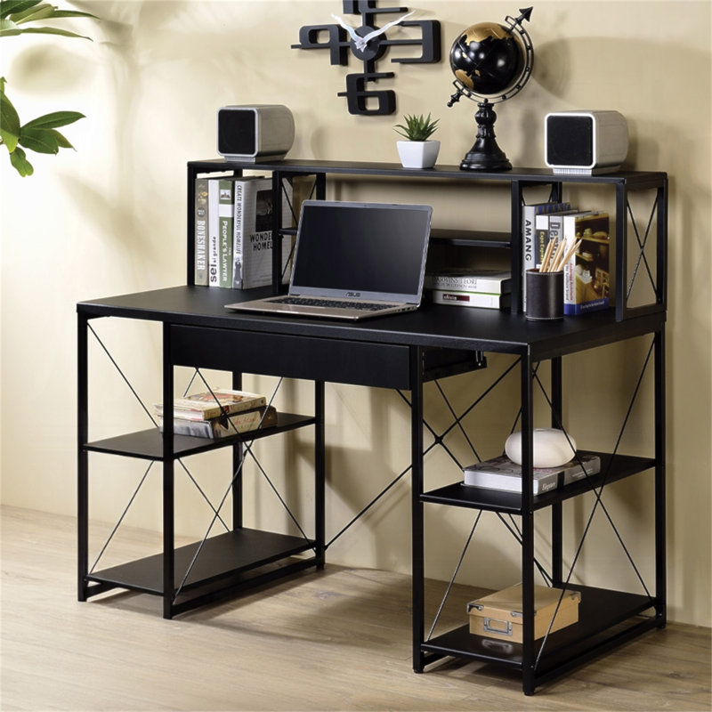 Bureau d'écriture avec un tiroir et 8 compartiments ouverts, noir, Noir