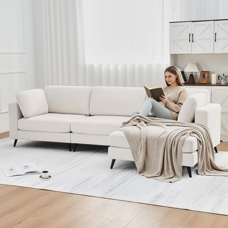 Modern L-Shaped Sectional Sofa With Movable Ottoman, Mélange de polyester beige