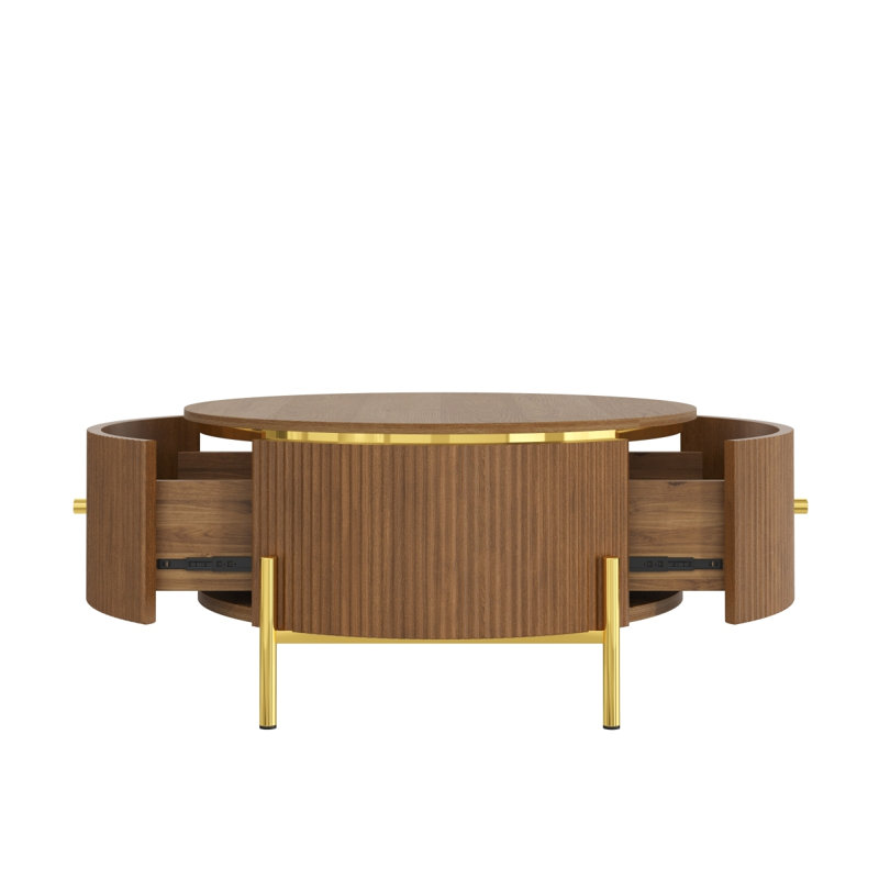 Table basse ronde moderne avec 2 grands tiroirs de rangement, brun, 31,5 po, Brun
