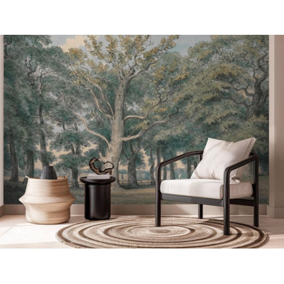 Vintage Wooded Park Avenue Wall Mural with Tall Oak Trees Landscape for Home Decor