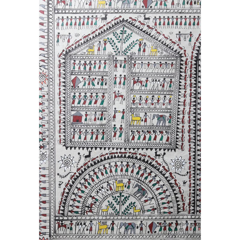 «Warli Tribal Social Life», peinture sur soie tussar par Purna Chandra, art populaire aquarelle H 22 po x l 40 po, décorations murales Maharashtra Village