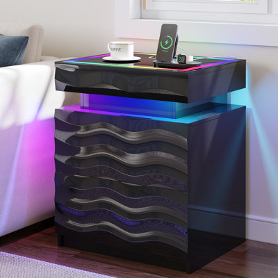 Modern LED Nightstand with RGB Lighting, Motion Sensor & 3 Drawers – Textured Bedside Table with Glass Top and USB/Type-C Ports