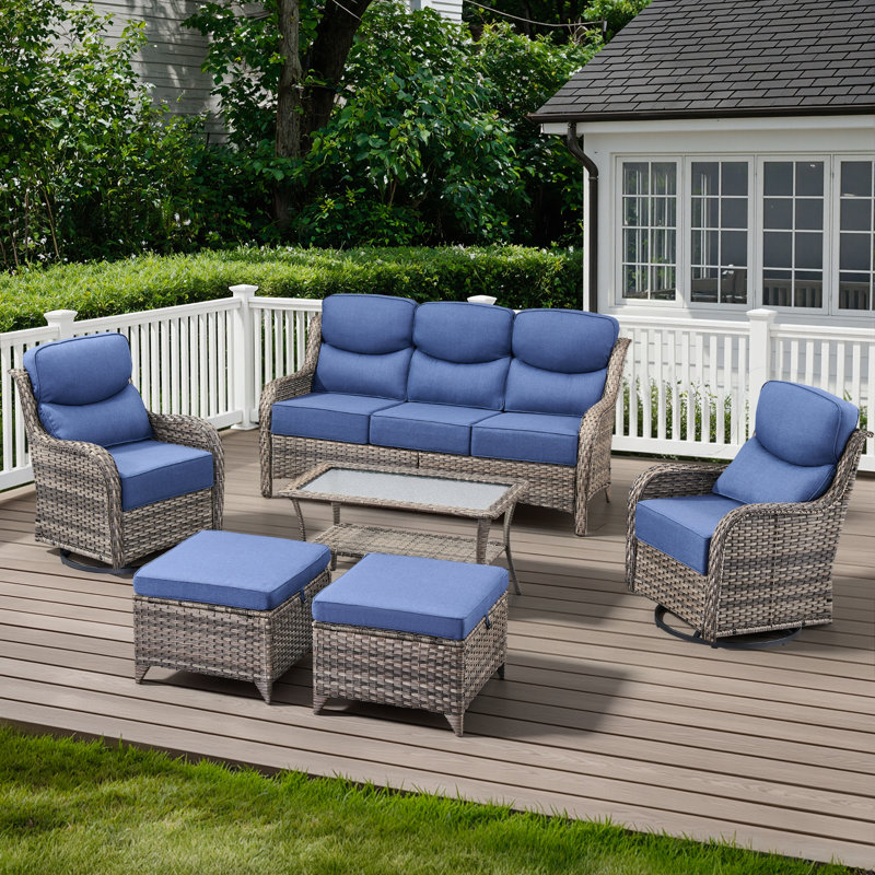 Ensemble de conversation de patio en osier 6 pièces avec chaises pivotantes et table basse, Gris, Bleu