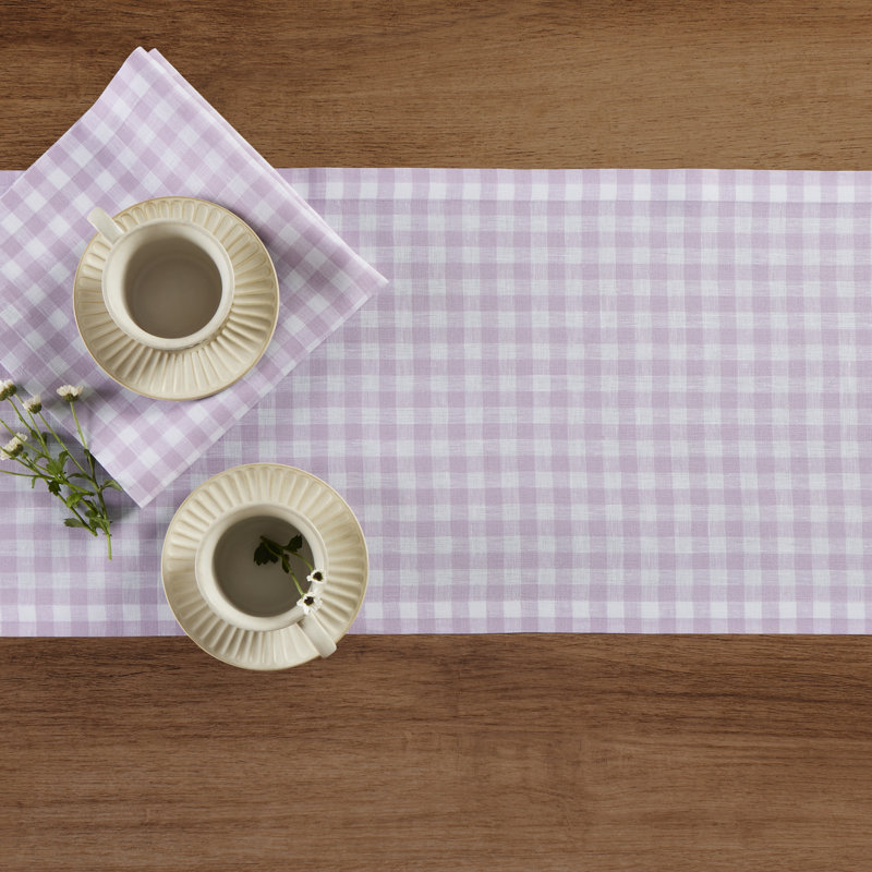 Gingham Checks - 100% Pure Linen Table Runner, 120" x 14", Lilac