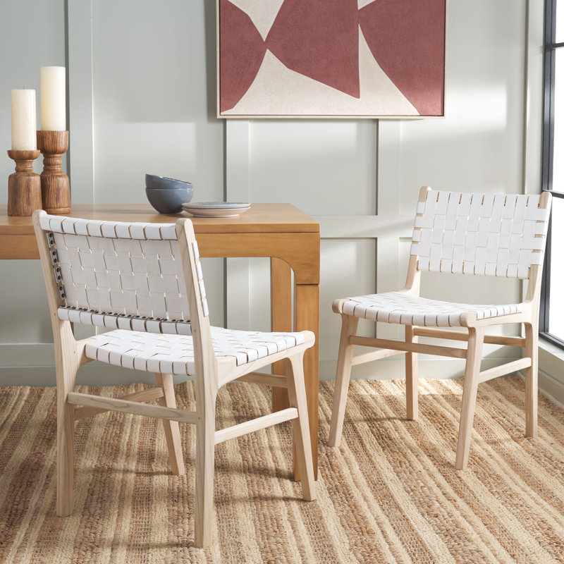 Alston Woven Leather & Solid Wood Dining Chair, White/Light Natural