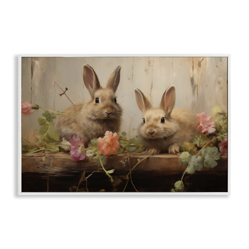 Lapins de Pâques avec jardin en fleurs, estampe numérique, design par Arlington Prints, H 20 po x l 30 po