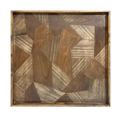 Plateau décoratif en bois Hely, carré de 27 pouces, motif géométrique beige brun