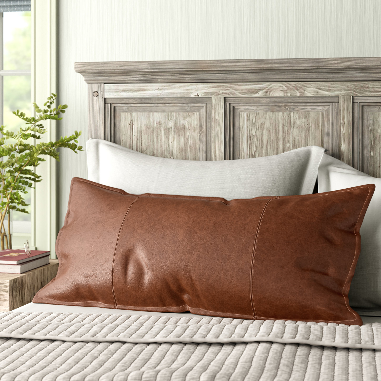 Cutler Leather Accent Pillow, Brown, 16" x 36", Rectangular