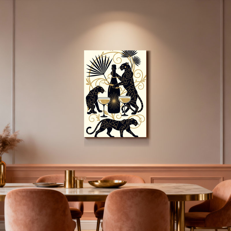 Ensemble de 1 tableau sur toile tendue représentant une panthère noire et une bouteille de vin, H 48 po x l 32 po