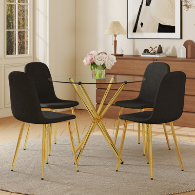 Ensemble de salle à manger 4 pièces avec table ronde en verre trempé de 36,6 po et chaises dorées - Style moderne et luxueux pour le salon et la cuisine. Convient à divers styles de décoration intérieure.