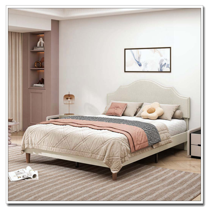 Lit plateforme tapissier avec tête de lit réglable, rembourrage en tissu de lin, Beige, Grand lit