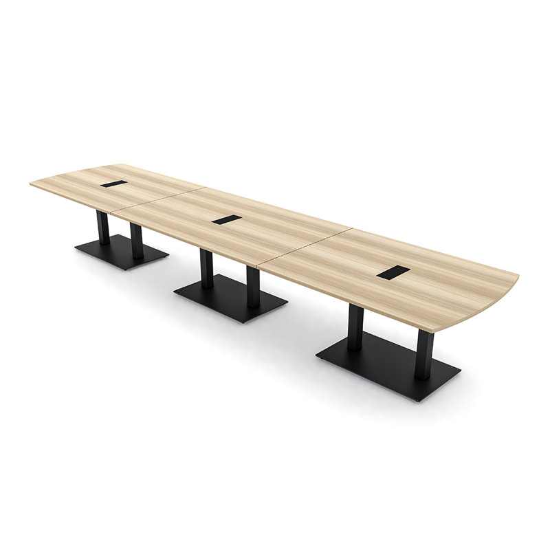 Pavert Arc Rectangle Conference Table with Double Metal Post Base | Electrical Unit, Matte Black, Blonde Surfside Ash