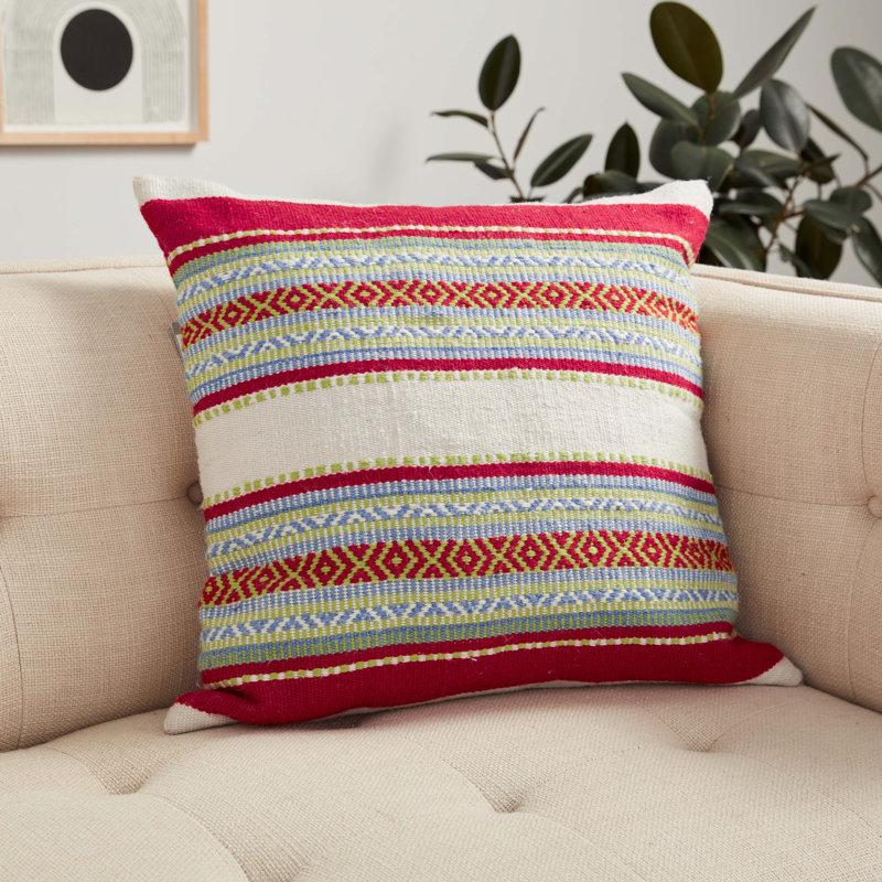 Red and Multicolor Striped 22" Square Throw Pillow Cover