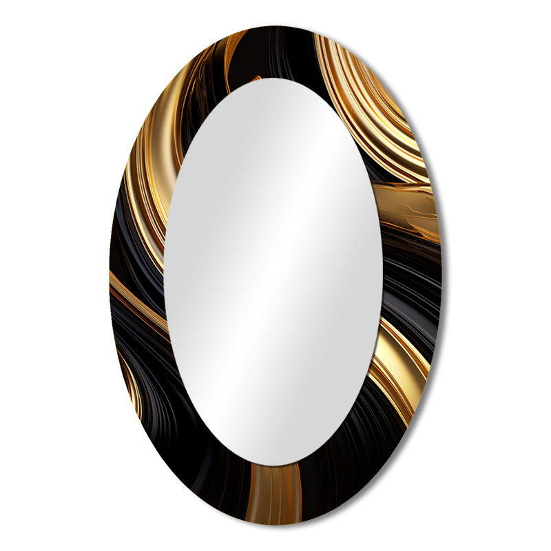 Abstrait abstrait liquide or et noir I - miroir mural moderne ovale doré, 36 po x 24 po