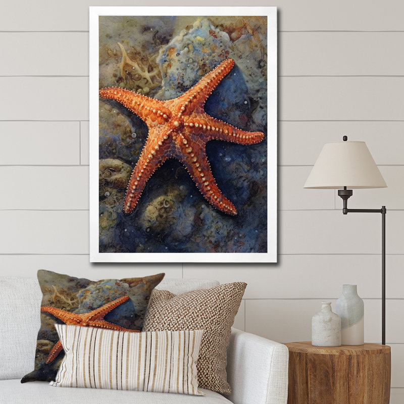 Étoile de mer Spinny I sur toile, Cadre simple blanc, H 32 po x l 16 po x P 1 po