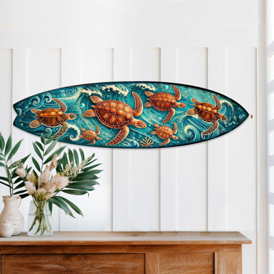 Sea Turtle Surfboard Coastal Wall Art - Handcrafted Ocean Wave Wooden Decor By G.Debrekht - Marine Life Beach House Accent