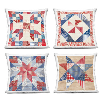 Classic Patriotic Quilt Patterns 4 Piece Decorative Printed Throw Pillow Set, design by Susan Arnot