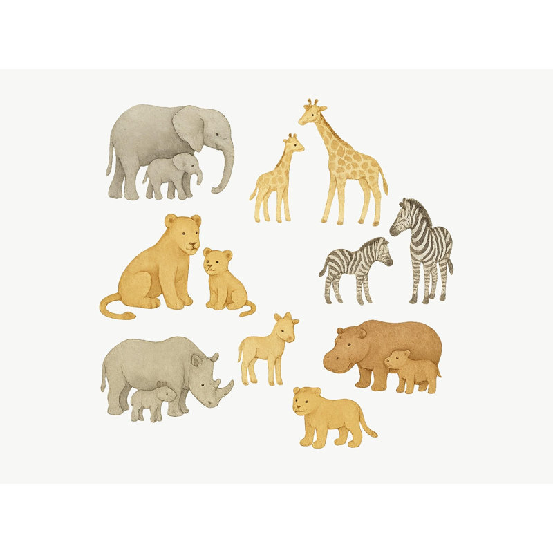 Safari Mother And Baby Wall Decals, Set of 11 Peel and Stick Nursery Wall Stickers, Satin Finish Removable Kids Room Wall Art, 20"W x 20"H (50 x 50 cm)