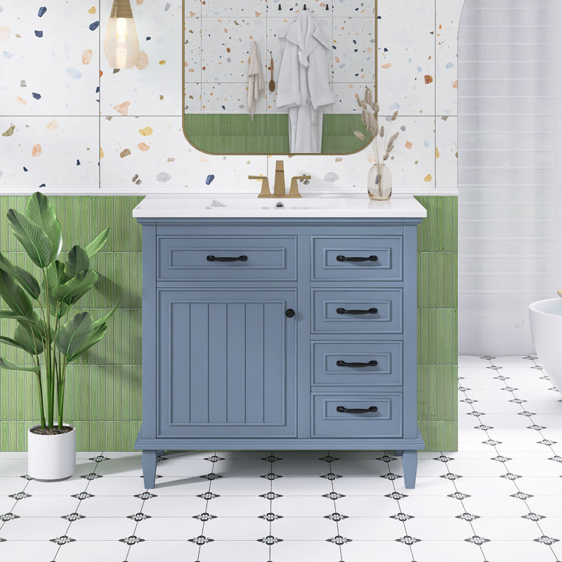Ensemble de meuble-lavabo autoportant 36 po avec comptoir en céramique 36 po, Bleu gris