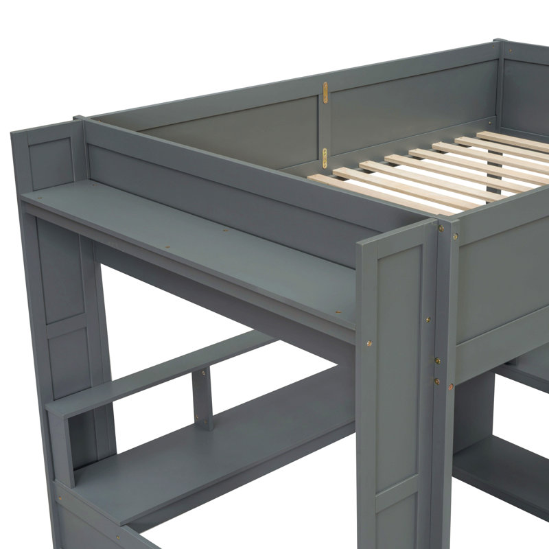 Lit mezzanine avec bureau Gaming, tablettes multi-rangements, DEL et station de charge, gris foncé, Double