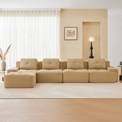Canapé modulaire en forme de L de 153 pouces avec velours côtelé, canapé 4 places, assise profonde, repose-pieds mobile, passepoil perlé, conception capitonnée, sans assemblage, conception antidérapante, brun clair