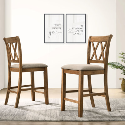 2 chaises de salle à manger à hauteur de comptoir revêtues de tissu d'ameublement brun clair - bois franc avec découpe et siège spacieux