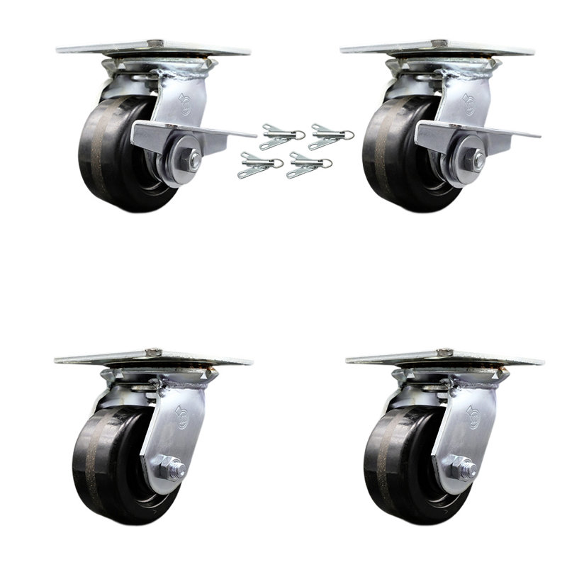 Ensemble de roulettes 4 pièces avec roulement à rouleaux, 4 verrous pivotants et 2 freins