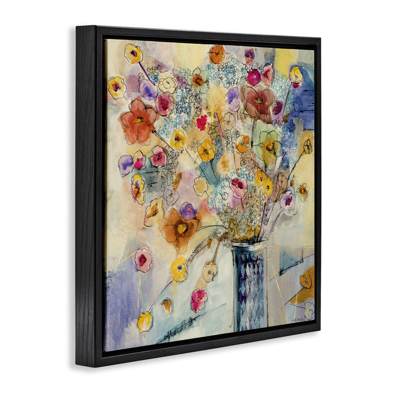 Dessin de fleurs chaotiques, H 18 po x l 18 po, Cadre flottant noir de jais