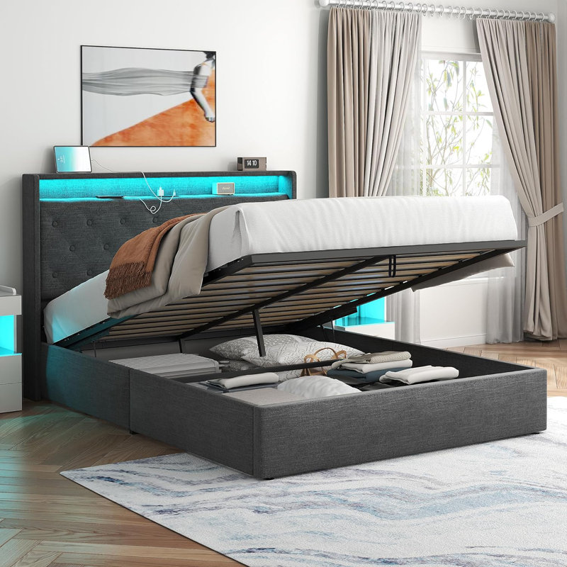 Dark Gray Queen Upholstered Hydraulic Storage Bed with LED Headboard