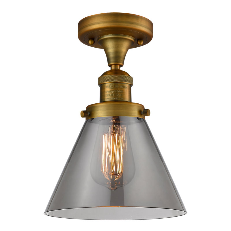 Plafonnier semi-encastré 1 lumière Cone, Ampoule à DEL rétro de 6 watts, Fumé, Laiton brossé
