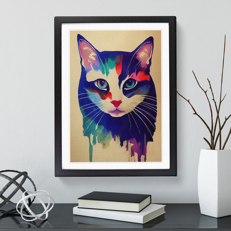 Cat In Watercolour No.2 - Single Picture Frame Print, Black, 64cm H x 46cm W x 2cm D