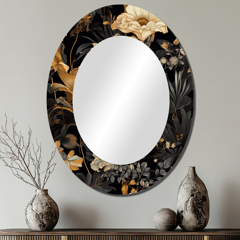 Gold Tropical Leaf Serenade I - Floral Oval Decorative Mirror On Metal, 40" x 30"