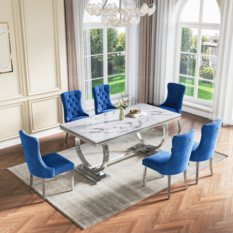 Rectangular 70.1"L X 35"W Dining Set, Bleu / Argent, Blanc / argenté, 7 pièces : table, 6 chaises