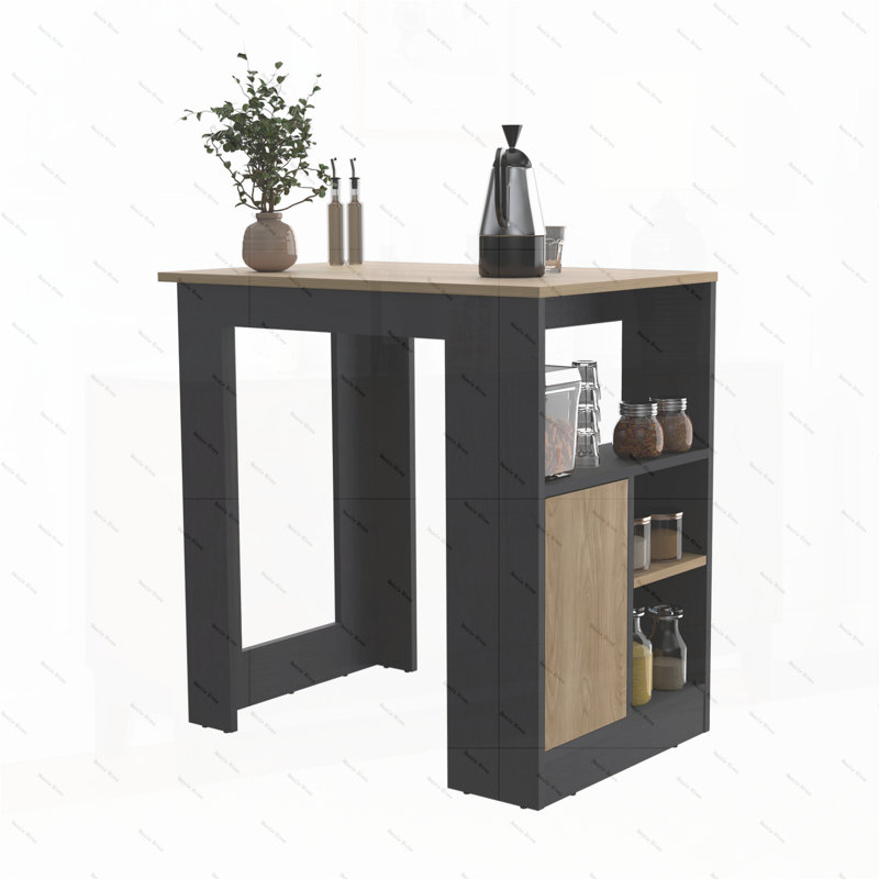 Kitchen Island 36" H, Three Open Side Storage Shelves and One Push-to-Open Cabinet, Natural Oak, White