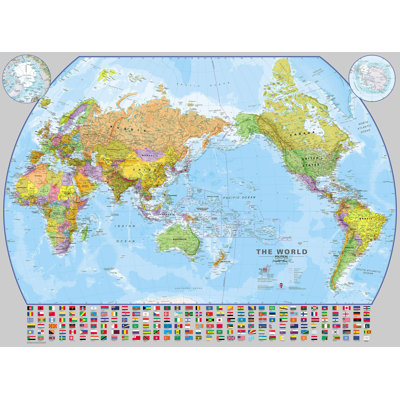 Large World Pacific-Centred Wall Map With Flags - No Frame Print