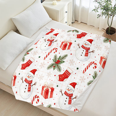 Plaid de Noël en flanelle polaire JYK, léger, respirant, doux et chaud en microfibre pelucheuse, 127 x 152 cm, cadeau idéal pour les fêtes (motif bonhomme de neige).