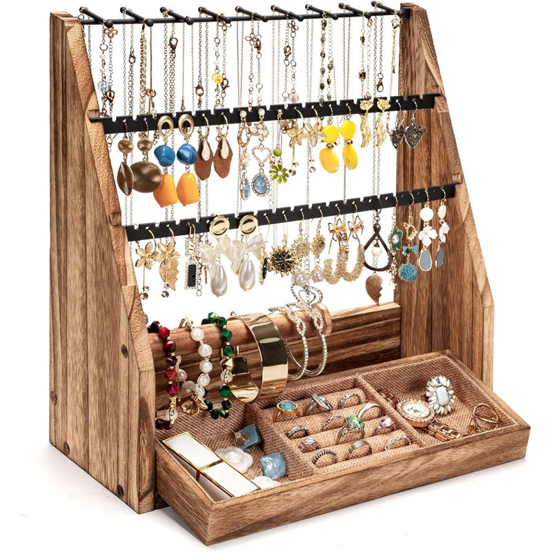 Support à bijoux, porte-boucles d'oreilles à 5 couches avec porte-collier, présentoir à boucles d'oreilles en bois rustique pour boucles d'oreilles, boucles d'oreilles