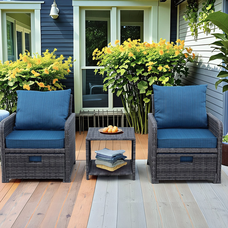 5 Pieces Wicker Patio sofa Set with Ottomans and coffee table, Light Blue