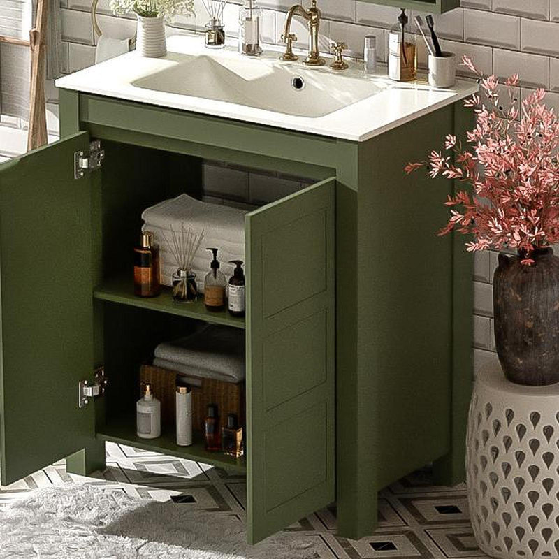 Meuble-lavabo de ferme 30 po avec lavabo en céramique, porte à fermeture en douceur, tablette réglable, armoire de rangement vert olive, structure en bois moderne, conception spacieuse et surface facile à nettoyer