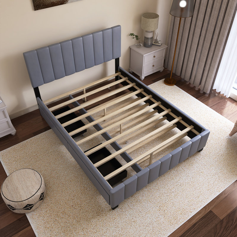 Grand lit plateforme tapissier avec lit gigogne simple TG, Gris